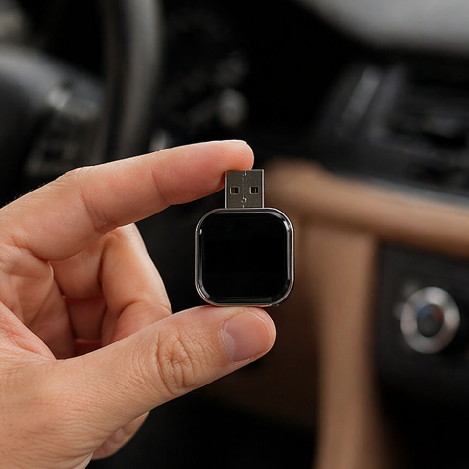 DrivePair Adapter im Fahrzeuginnenraum – kabellose CarPlay-Verbindung im Alltag